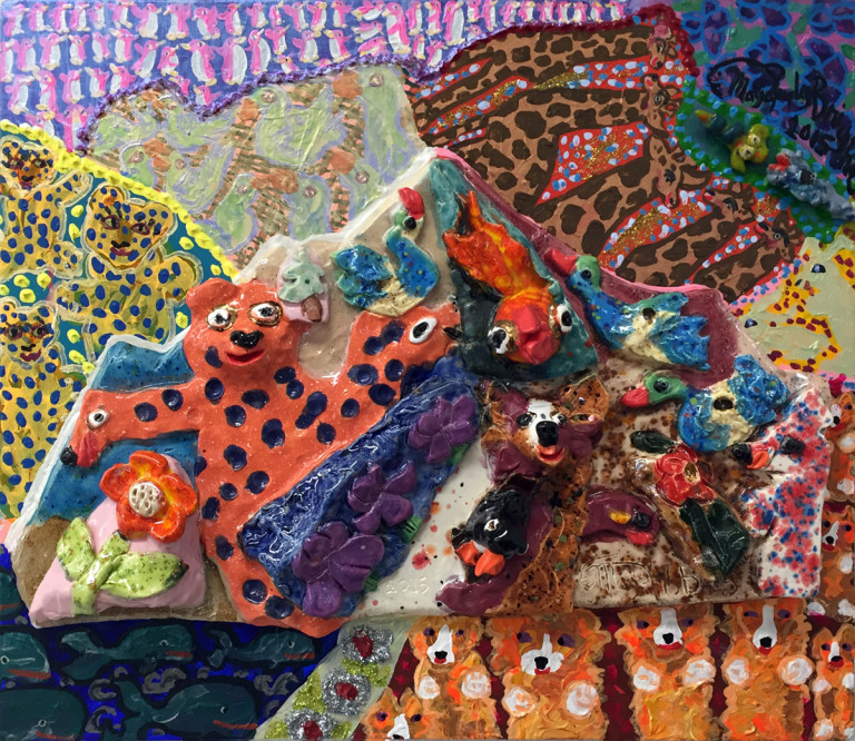 2015, glazed ceramic on acrylic painted panel, 17” x 20”