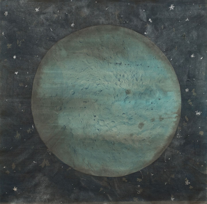 cyanotype, ink, screenprint, and mica on Okawara paper, 38" x 38", 2017