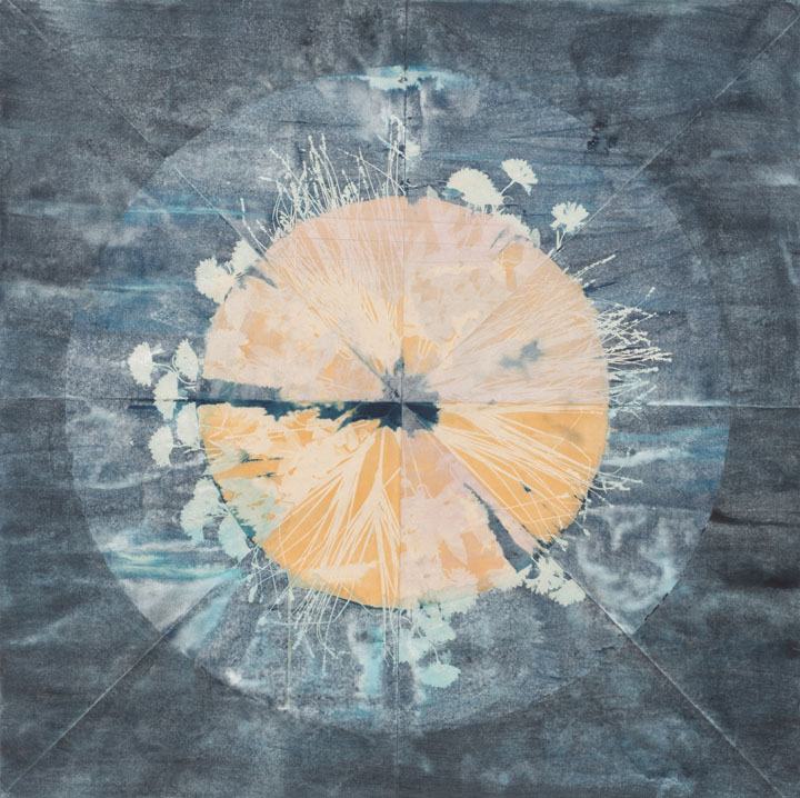 cyanotype, ink, and screenprint on Okawara paper, 38" x 38", 2017