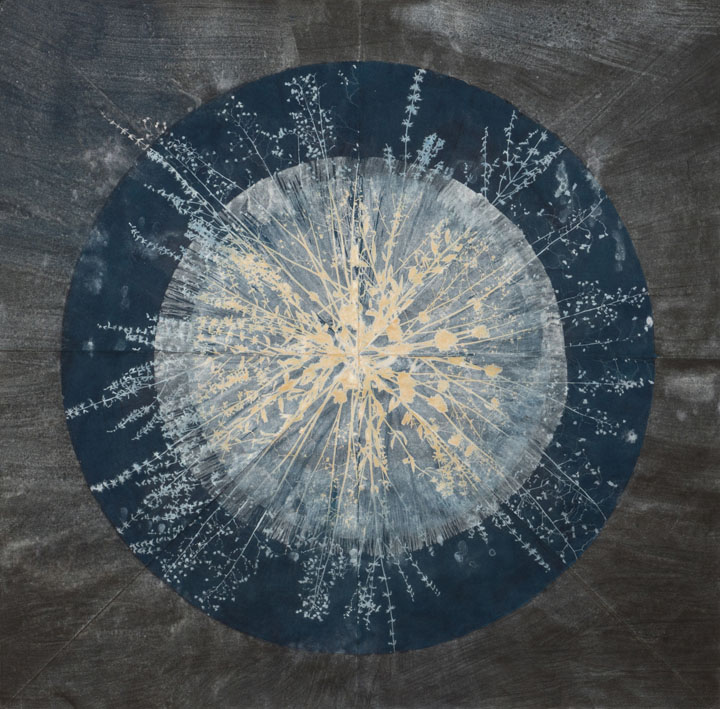 cyanotype, ink, and mica on Okawara paper, 38" x 38", 2017