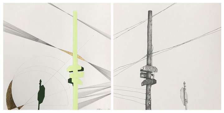 graphite, gouache, glitter and gold leaf on paper / graphite and glitter on paper, 13.5" x 13.5" each, 2018