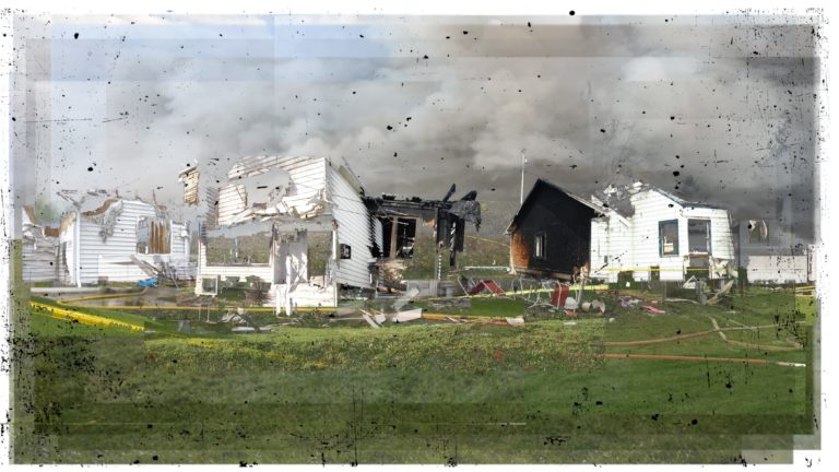 Photomontage, pigment print and paper on canvas. 69 x 120 inches.