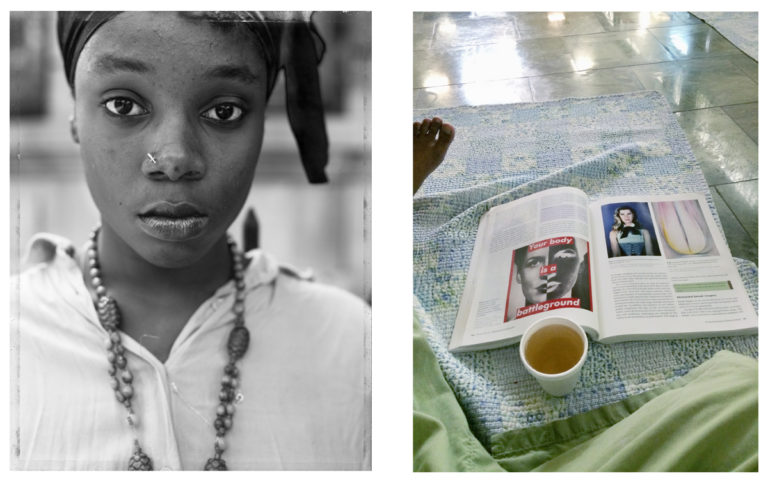 Left: Dawoud Bey, Girl with a Knife Nose Pin / Right: Tameka Jenean Norris, Office Hours