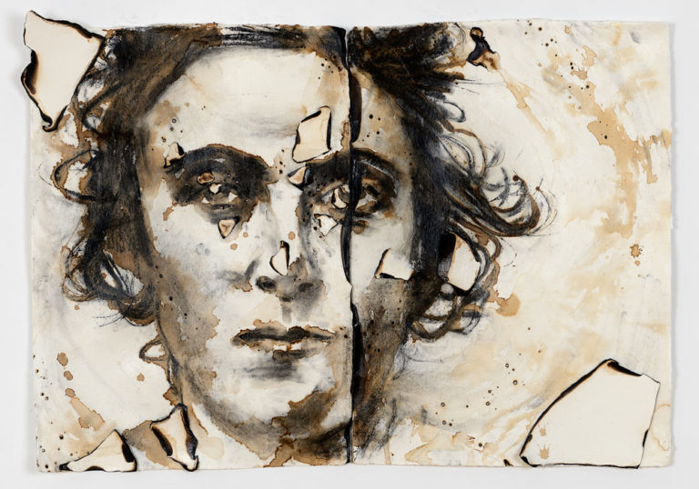 2017, Coffee, Burned Paper, and Charcoal on Khadi Paper, 31 x 43 x 3 Inches