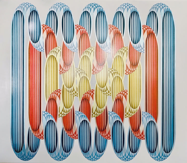 aluminum, silver, 12k white gold, 18k gold, and 22k gold leaf with acrylic glazes on panel, 60" x 70", 2018