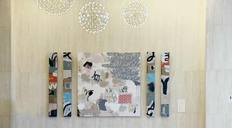 Center:  Margot's Purse, 2020 Acrylic mixed media on wood panel 72 x 72 in