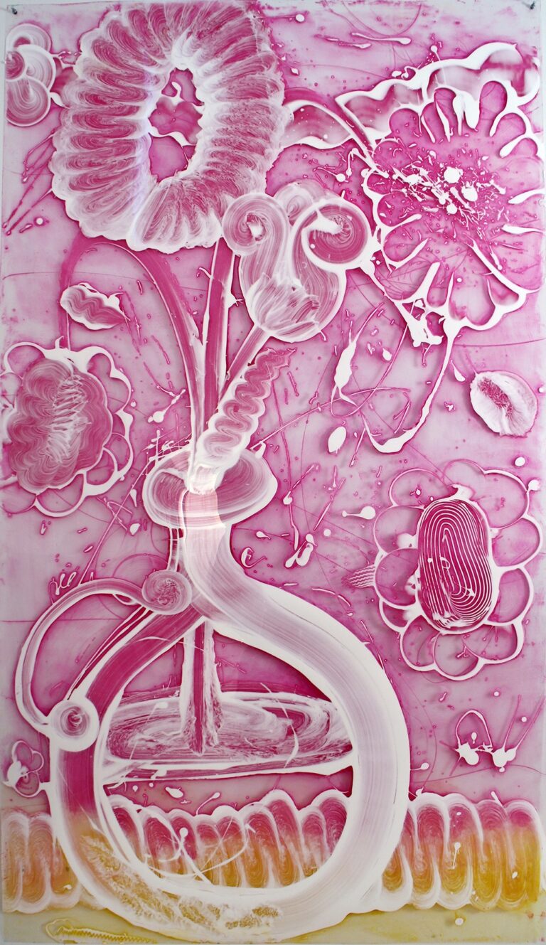 07_Catherine_Howe--Reverse_Mylar_Painting_(Hot_Pinks),_2019,_pigment,_acrylic_mediums,_alkyd_and_intaglio_inks,_with_drypoint_on_polyester_sheeting_with_grommets,_84_x_48_inches