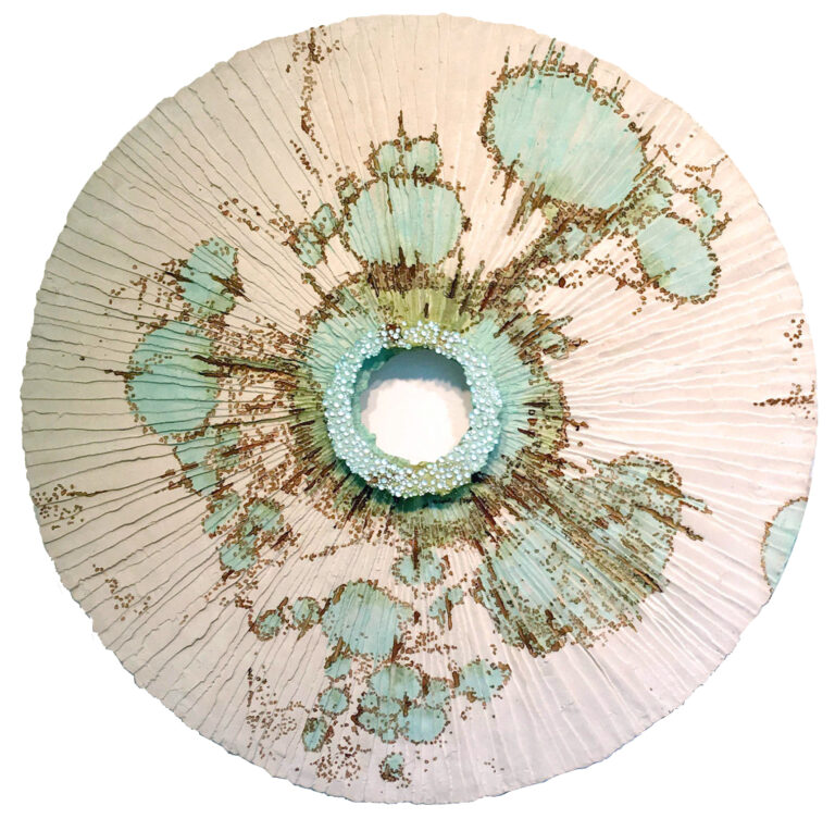 Ivory concrete, oxides, reflective glass beads, 39"x39"