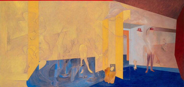 Leo Marz, It’s Always the Same Story- a Scream- a Jump- You Wake Up, 2023, oil on linen, 45.7 x 135 inches (116 x 343 cm)