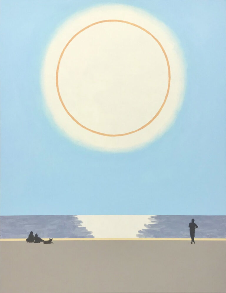 Beach landscape painting with large outlined circular sun and small figures on the beach