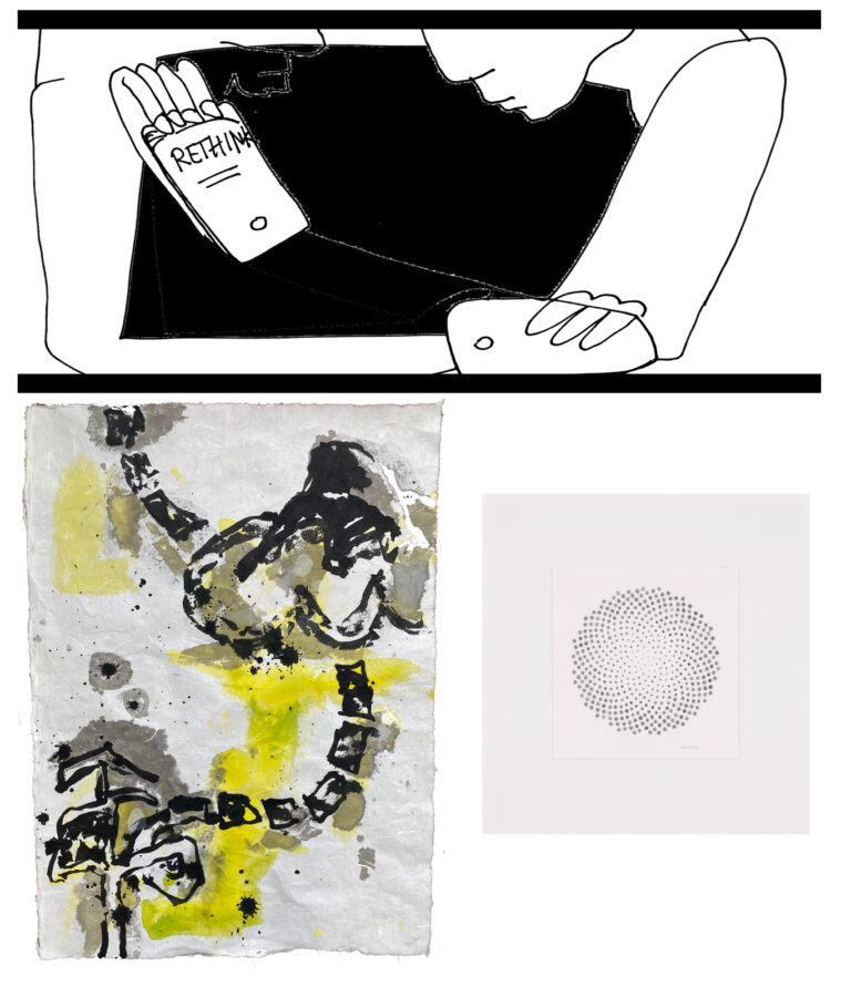 Still from the film ONFF by Silvia Nonnenmacher and  Jürgen Trautwein  (top), Untited, painting by Toby Hill, (lower left)  Untitled, drawing by Sally Smith, made from soot from her Volvo (lower right.)