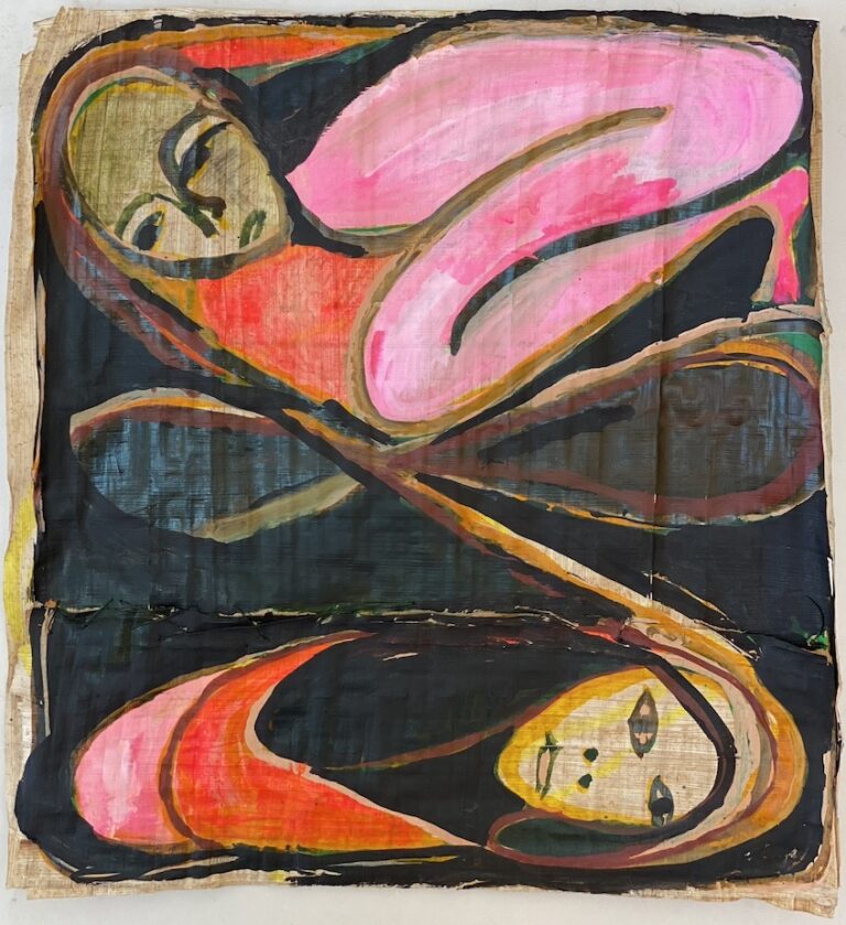 Kimia Ferdowsi Kline, ink and thread on papyrus, 2023