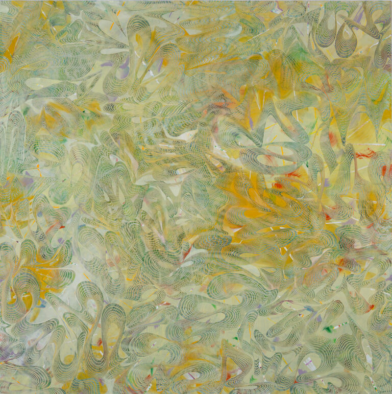 Lorene Anderson, Space Hurricane, 2024, acrylic and mica on panel, 72 x 72 inches