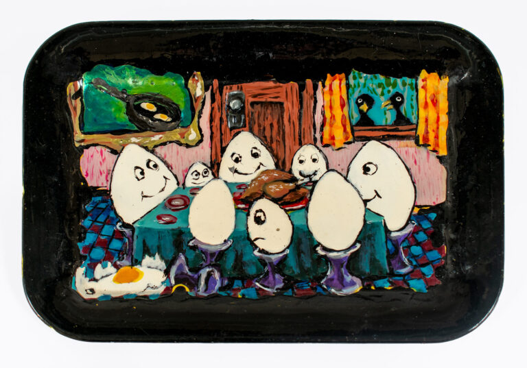 Jerome Caja, “Eggs Having Turkey Dinner,” Nail polish on metal tip tray, 4.5 x 6.5 in, 1989 (courtesy of John and Bernadine Caja)