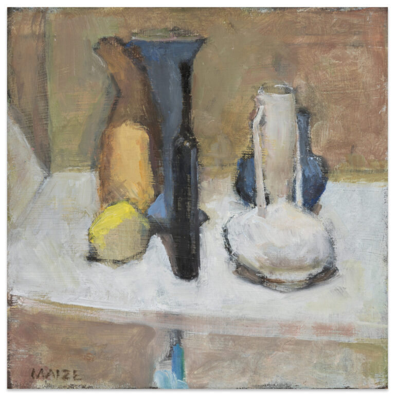 Catherine Maize "Tabletop Vases with Lemon," 2025 oil on panel 6 x 6 in.