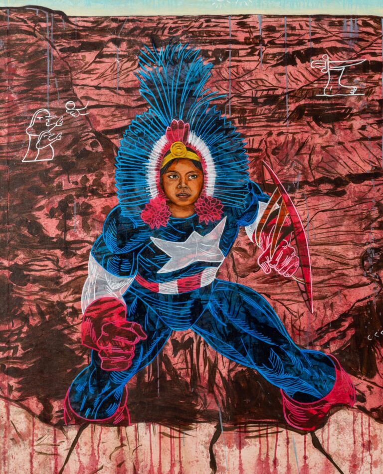 Enrique Chagoya, "Encounter at the Border of Language" (detail), Acrylic and water-mixable oil on handmade amate paper mounted on canvas, 60 x 80 in. 2024