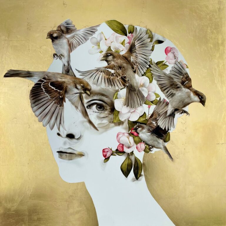 Steven Spazuk, Sparrows, soot, watercolor and gold leaf on panel, 30 x 30 in
