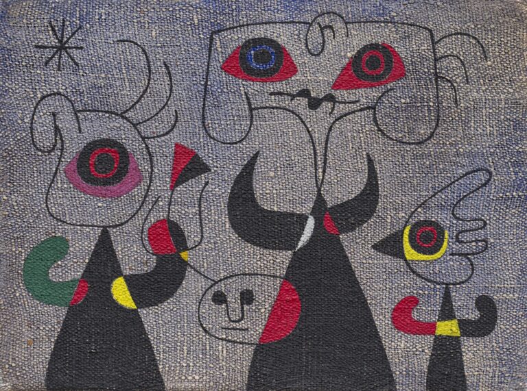 Joan Miró 1893-1983 Femmes et Oiseau dans la Nuit, 1946 Signed and dated Miró 19-10-1946 on the reverse, titled femmes et oiseau dans la nuit on the stretcher Oil on canvas 9 3/8 x 13 inches