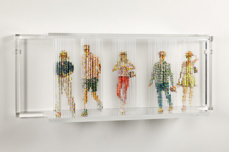 Chris Dorosz, Stasis 151, Acrylic paint on plastic rods with Plexiglas support, 12.5 x 32 x 8 inches