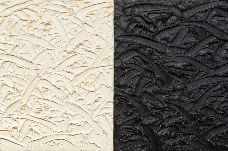 James HAYWARD [1943-2026], Abstract Diptych # 1, 2010, oil on canvas on mahogany panels